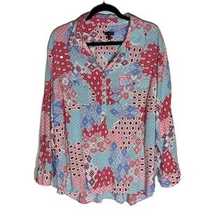 Talbots Womens Geometric Artsy Popover Tunic Top Size 2X Plus Patchwork Office